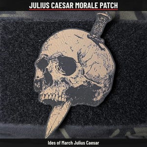 May include: A morale patch featuring a tan skull pierced by a dagger, with the text JULIUS CAESAR MORALE PATCH and Ides of March Julius Caesar. The design uses black and tan colors, depicting a human skull with a blade through it.