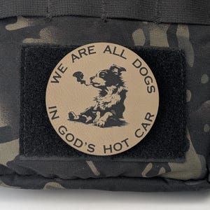 May include: A brown patch with black text that reads "We are all dogs in God's hot car". A black and white silhouette of a dog smoking a pipe is in the center of the patch.