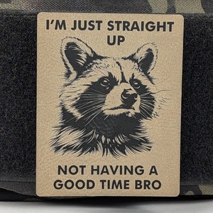 May include: A tan patch with a black and white raccoon illustration. The text "I'm just straight up not having a good time bro" is printed on the patch.
