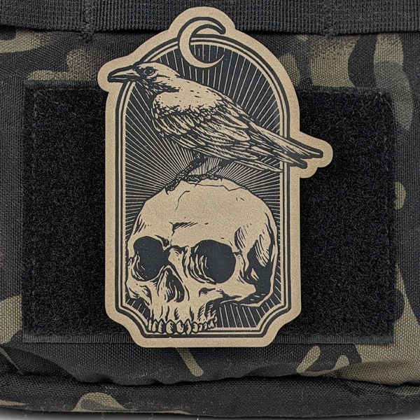 Quote The Raven Morale Patch, Raven Standing Skull Morale Patch, Quarter Moon Patch Tactical Hat, Hook and Loop Patch, Plate Carrier Patch