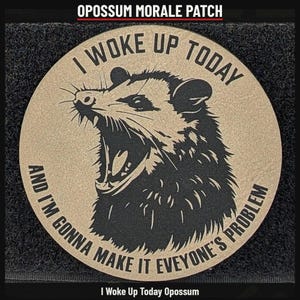 May include: A circular morale patch featuring a tan background with a black graphic of a hissing opossum. The text reads I WOKE UP TODAY AND I'M GONNA MAKE IT EVERYONE'S PROBLEM in black capital letters curved around the central animal illustration.