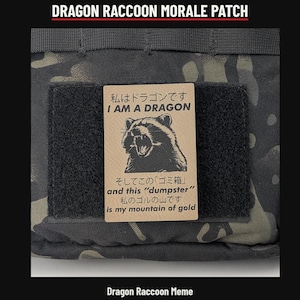 May include: A rectangular tan morale patch featuring a black illustration of a snarling raccoon. The text reads: I AM A DRAGON, and this "dumpster" is my mountain of gold, alongside Japanese characters. It is attached to a camo fabric.