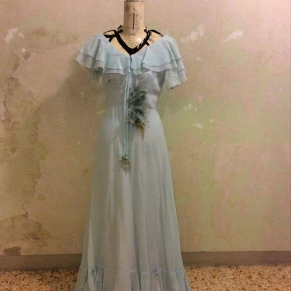 abito azzurro lungo vintage originale anni 70 anche da sposa