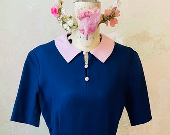 abito vintage originale anni 60 MOVIE COSTUME bellissimo blu colletto rosa fatto a mano