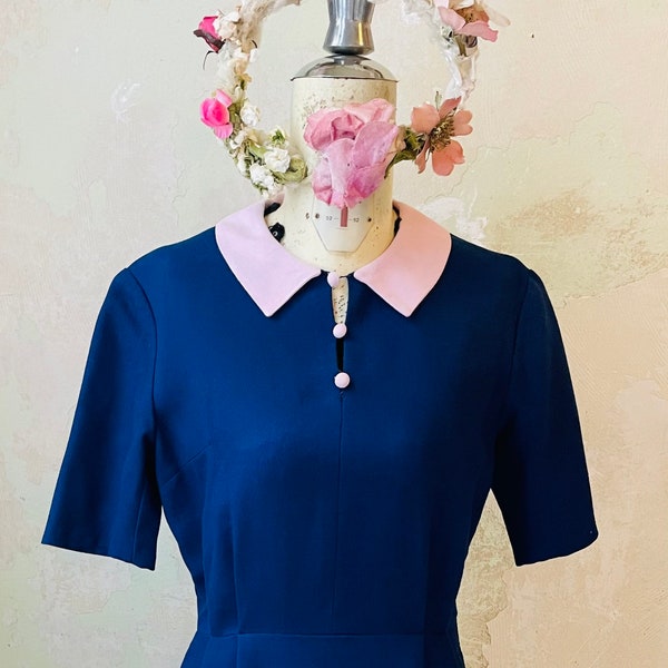 abito vintage originale anni 60 MOVIE COSTUME bellissimo blu colletto rosa fatto a mano