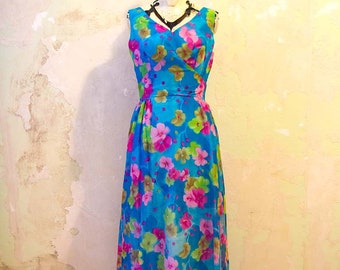 abito a fiori azzurro originale 70 vintage lungo senza maniche