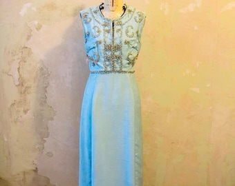 abito shantung sera turchese ‘50/60 ricamato