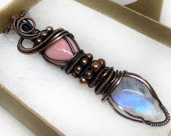 Rainbow Moonstone & Pink Conch Copper Wire Wrap Necklace