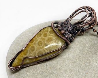 Fossil Coral Copper Wire Wrap Pendant Necklace