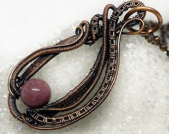 Copper Wire Wrap Rhodonite Bead Necklace