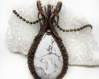 Copper Wire Wrap Howlite Stone Pendant Necklace