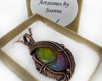 Solar Rainbow Quartz Stone Copper Wire Wrap Pendant Necklace