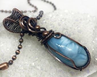 Larimar Gemstone Copper  Wire Wrap Pendant Necklace