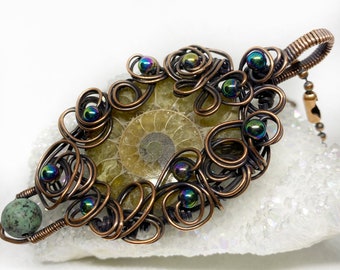Ammonite Fossil Copper Wire Wrap Pendant Necklace