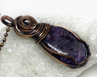 Copper Wire Wrap Charoite Stone Pendant Necklace