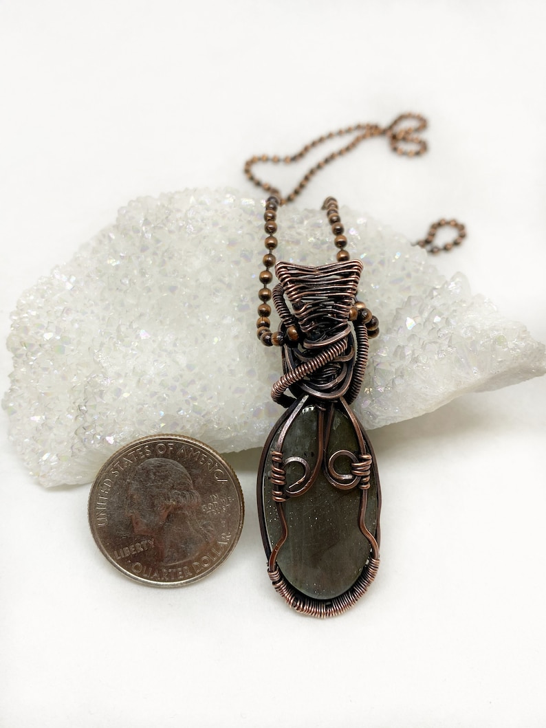 Green Labradorite /& Rainbow Moonstone Copper Wire Wrap Pendant Necklace