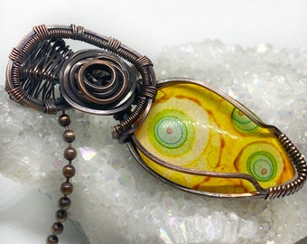 Handpainted Glass Cabochon Copper Wire Wrap Pendant Necklace