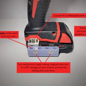 Milwaukee M18:  Impact Driver/Drill Multi Bits Holder with &quot;On-Drill&quot; Magnetic Storage. Custom fit with stainless steel mount.