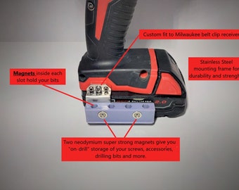 Milwaukee M18:  Impact Driver/Drill Multi Bits Holder with "On-Drill" Magnetic Storage. Custom fit with stainless steel mount.