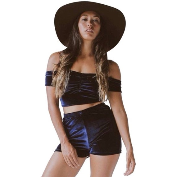Blue Velvet Crop Top and Hot Pants Set