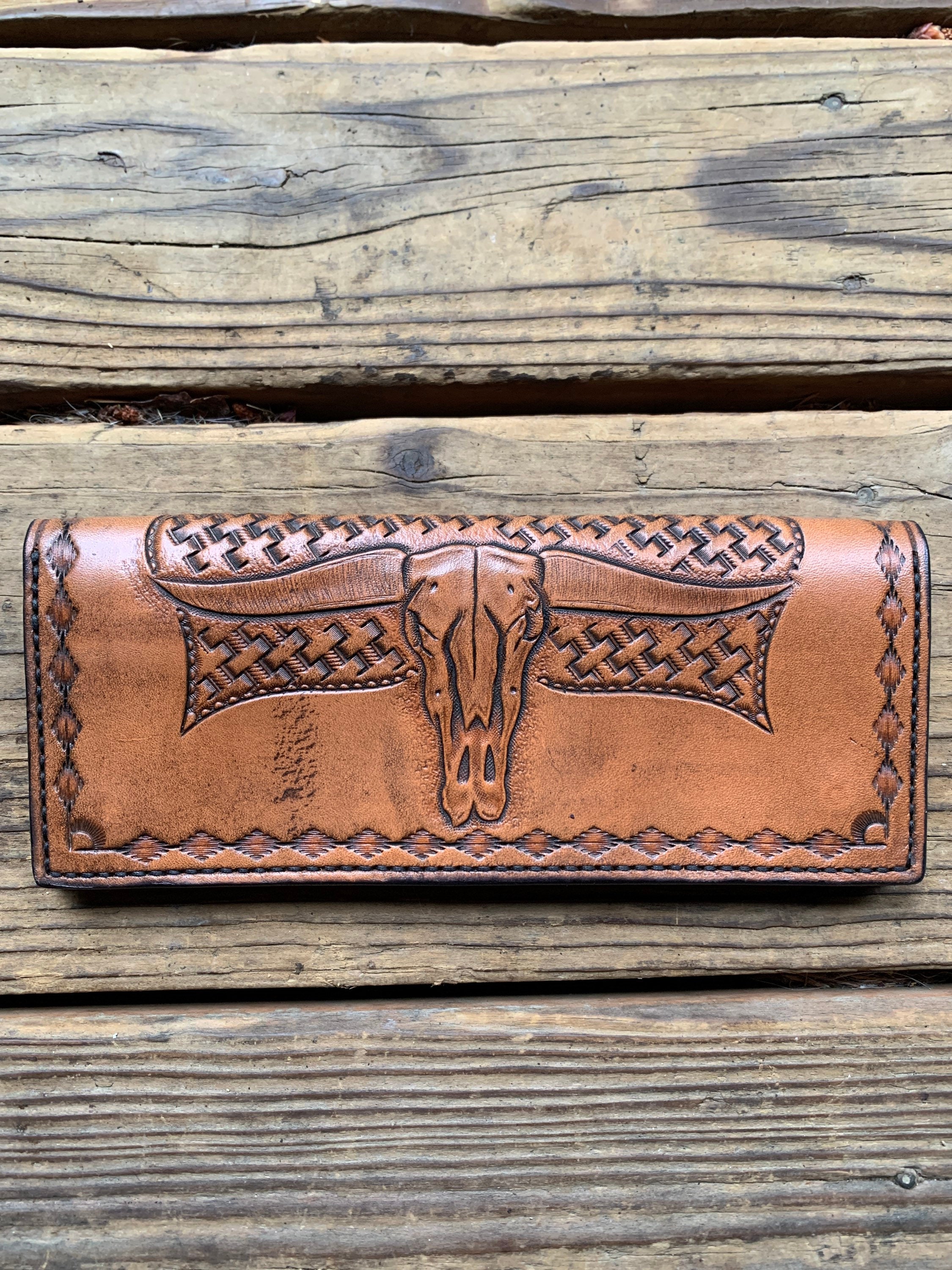 Hand Tooled Leather Roper Wallet with Long Horn Skull | Etsy