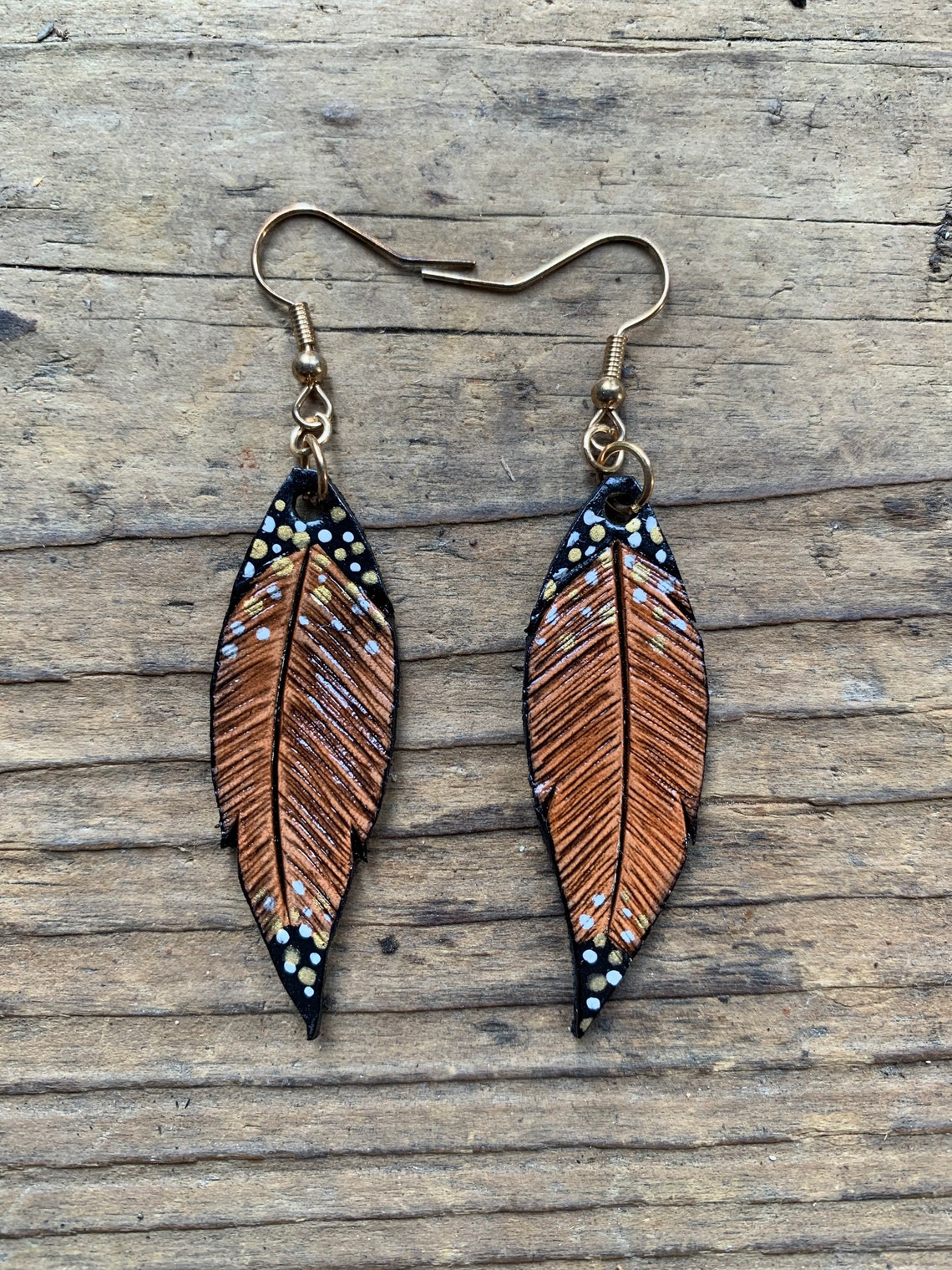Hand Tooled Feather Leather Earrings Etsy