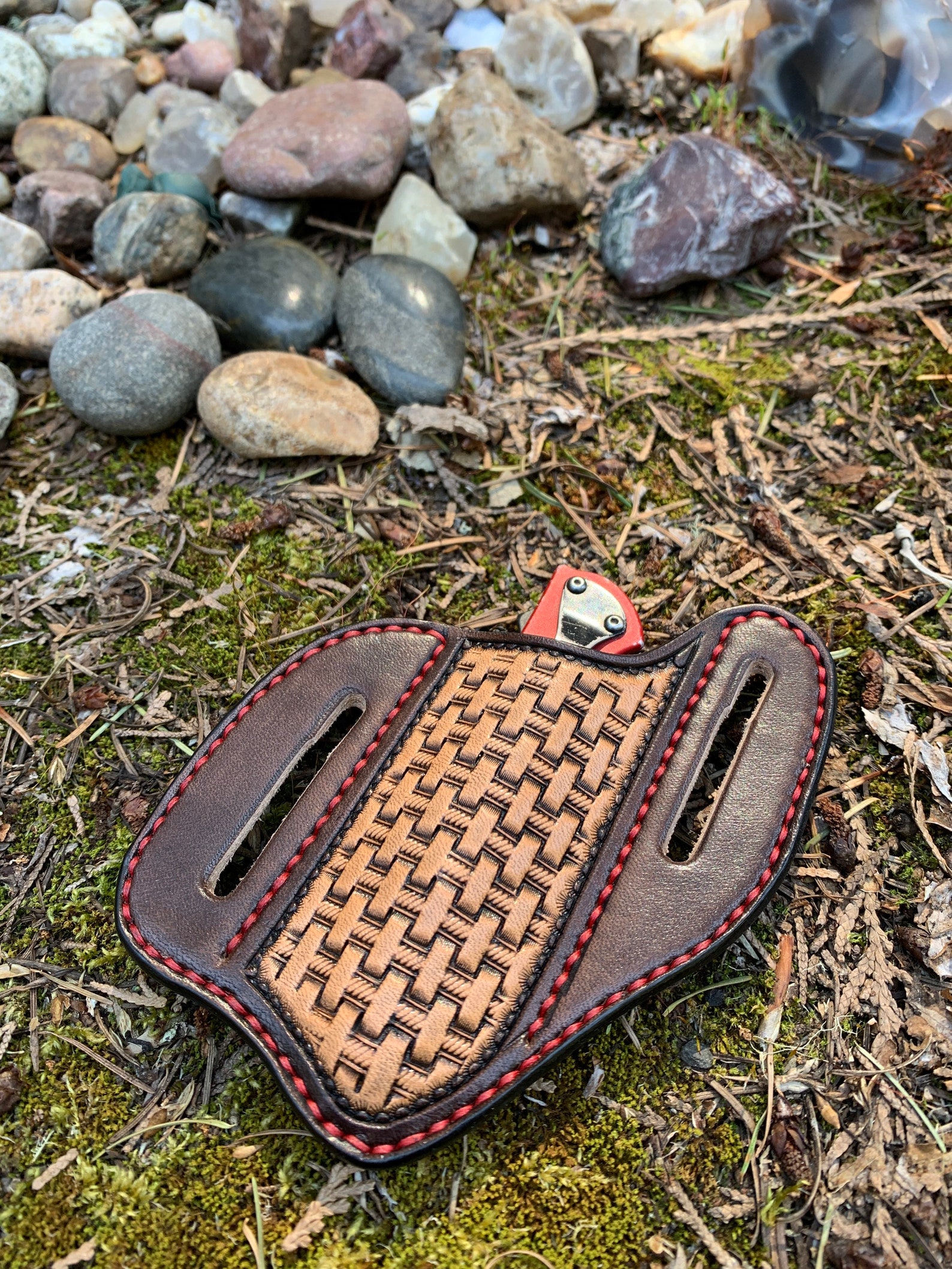 Hand Tooled Leather Knife Sheath with Basket Weave Etsy