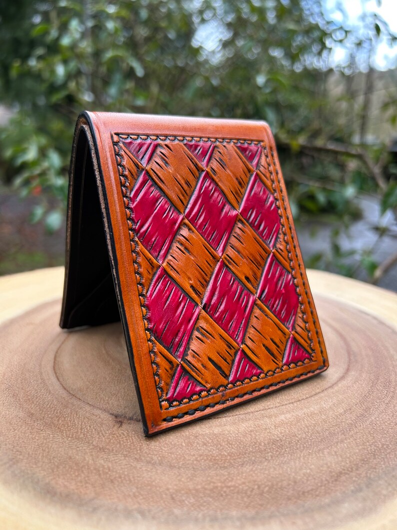 Hand Tooled Leather Bi Fold Wallet With Desert Scene and Basket Weave
