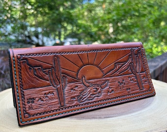 Hand Tooled Leather Long Wallet with Desert Scene