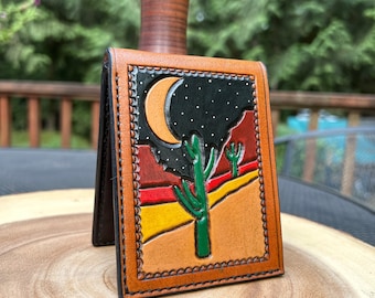 Hand Tooled Leather Bi Fold Wallet with Desert Scene