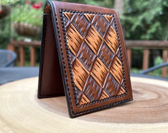 Hand Tooled Leather Bi Fold Wallet with Basket Weave