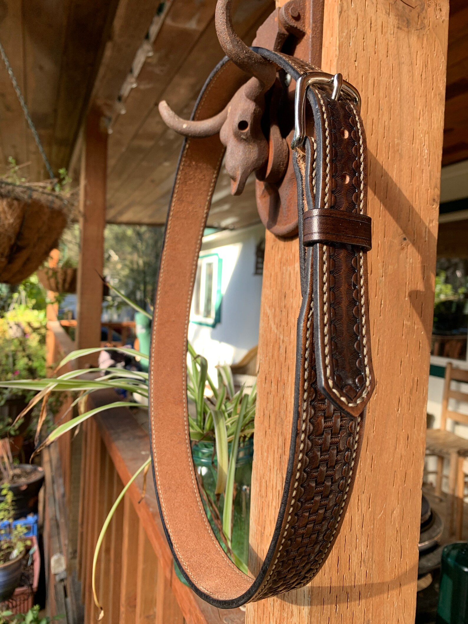 Hand Tooled Leather Ranger Belt With Basket Weave Size 36 Etsy