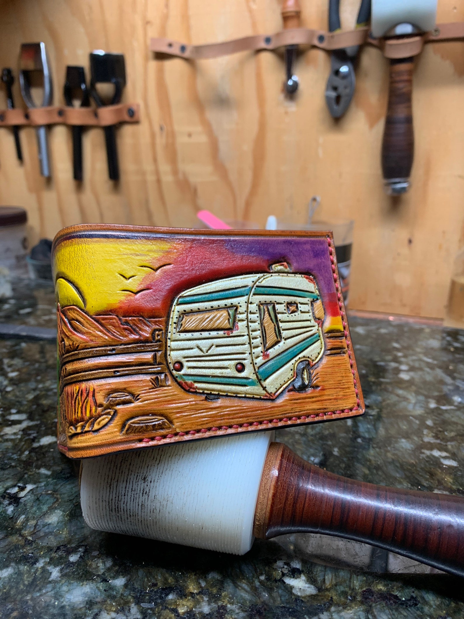 Hand Tooled Leather Wallet with Desert Scene and Camper | Etsy
