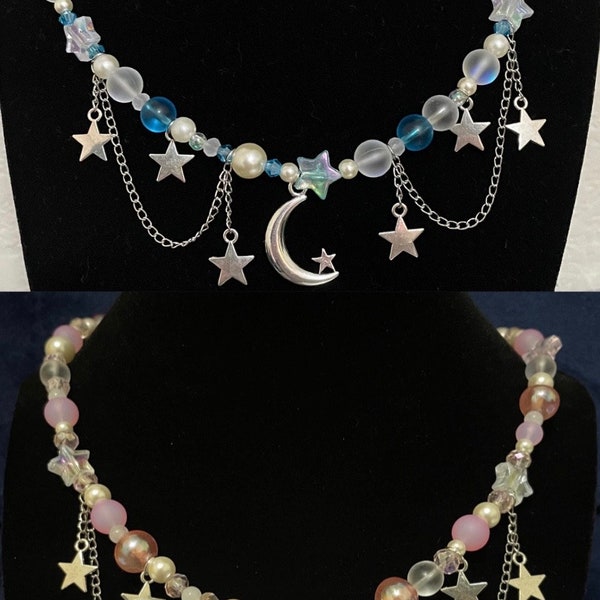 blue or pink moon and star beaded necklace