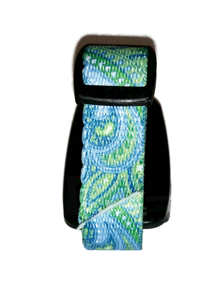 May include: A blue and green paisley patterned dog collar with a black plastic buckle.