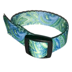May include: A blue and green paisley patterned dog collar with a black plastic buckle.