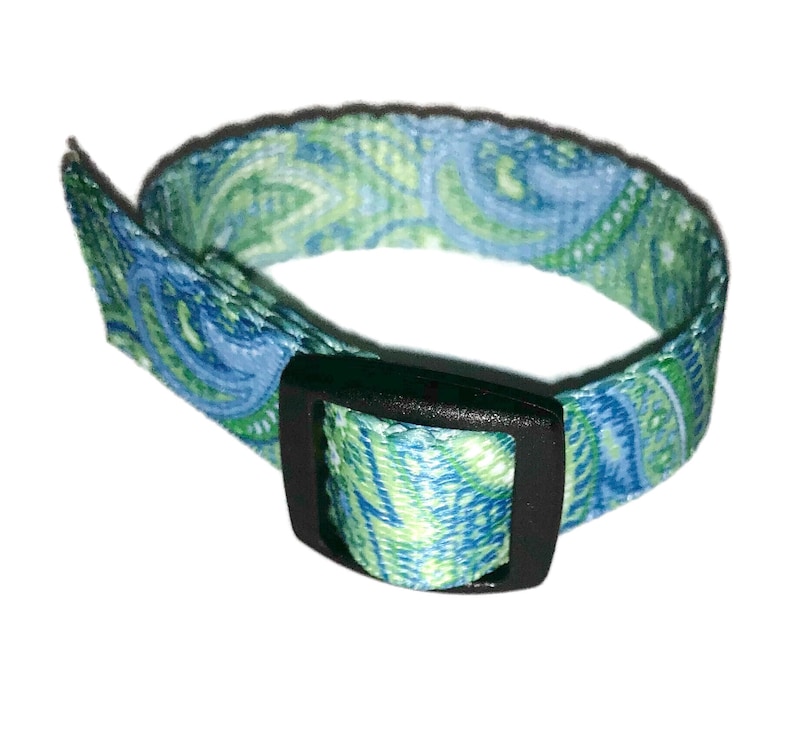 May include: A blue and green paisley patterned dog collar with a black plastic buckle.