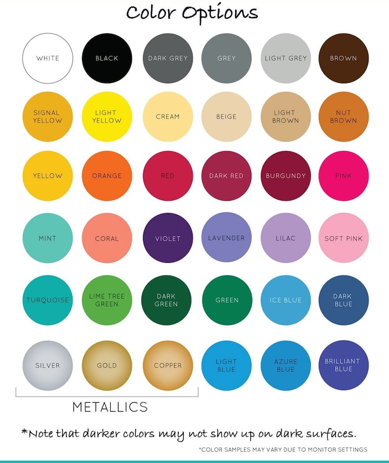 May include: A chart of color options with 36 different color swatches. The colors are organized into categories: white, black, grey, brown, yellow, orange, red, pink, mint, coral, violet, lavender, turquoise, green, blue, silver, gold, and copper.