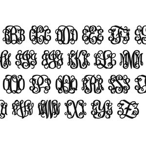 May include: A set of 26 black monogram letters in a cursive script font. Each letter is a separate design, with a unique flourish. The letters are arranged in four rows, with seven letters in each row.