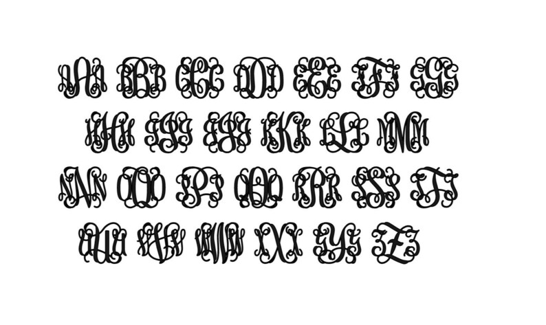 May include: A set of 26 black monogram letters in a cursive script font. Each letter is a separate design, with a unique flourish. The letters are arranged in four rows, with seven letters in each row.