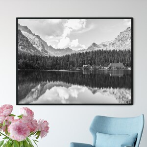 Slovakia mountain lake print - rustic living room decor - printable monochrome wall art