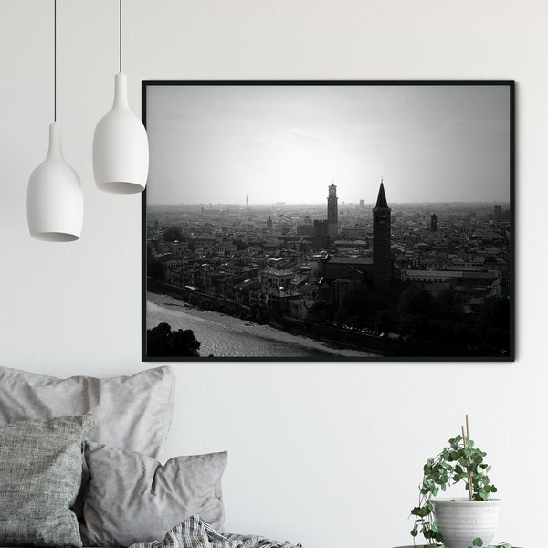 Verona Italy black and white fine art digital print - 1st anniversary gift - wall art decorating - European city skyline