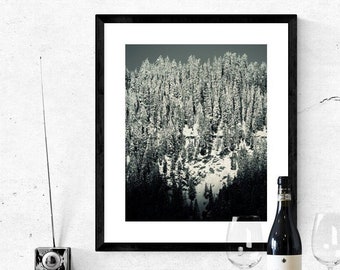 Paesaggio montano austriaco decorazione murale stampabile - arte alpina della foresta invernale - fotografia naturalistica in bianco e nero - foto monocromatica