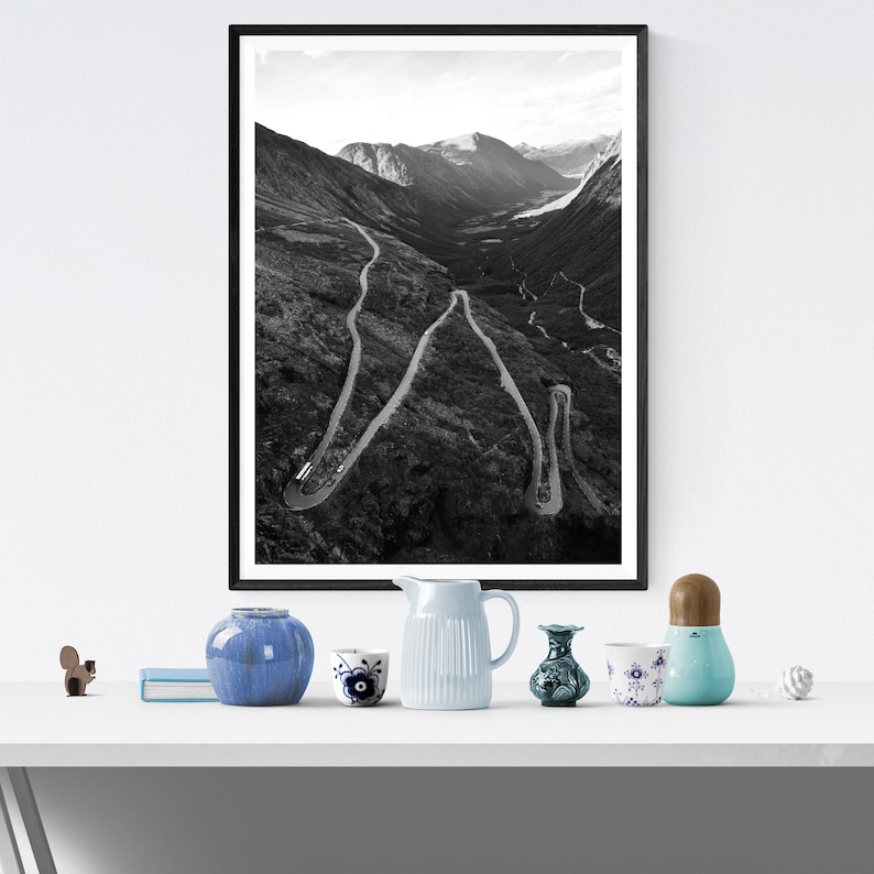 black and white mountain landscape Norway mountain road print Nordic wall print