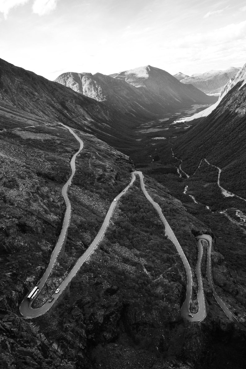 black and white mountain landscape Norway mountain road print Nordic wall print