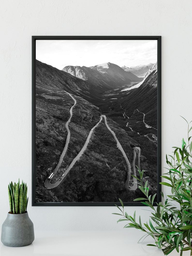 black and white mountain landscape Norway mountain road print Nordic wall print