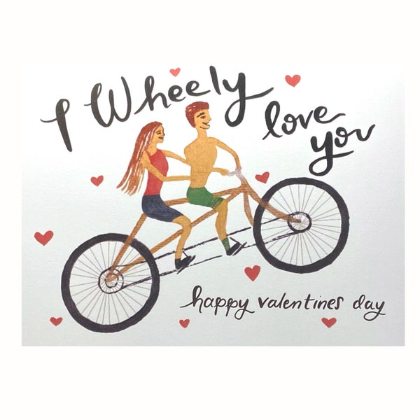 Valentines day card, I wheely love you greeting card, bike lover gift, tandem, happy couple riding, beach days, wind in our faces