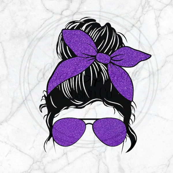 Purple Glitter Messy Bun, Mom Life, Messy Bun, Headband, Sunglasses, Sublimation Design, PNG, Digital Download