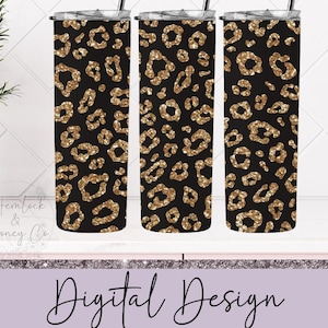 Black and Gold Leopard Print Full Tumbler Wrap, Skinny Tumbler, Straight Tumbler, 20 oz, Sublimation Design, PNG, Digital Download
