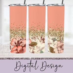 Coral Flowers Split Tumbler, Full Tumbler Wrap, Skinny Tumbler, Straight Tumbler, 20 oz, Sublimation Design, PNG, Digital Download